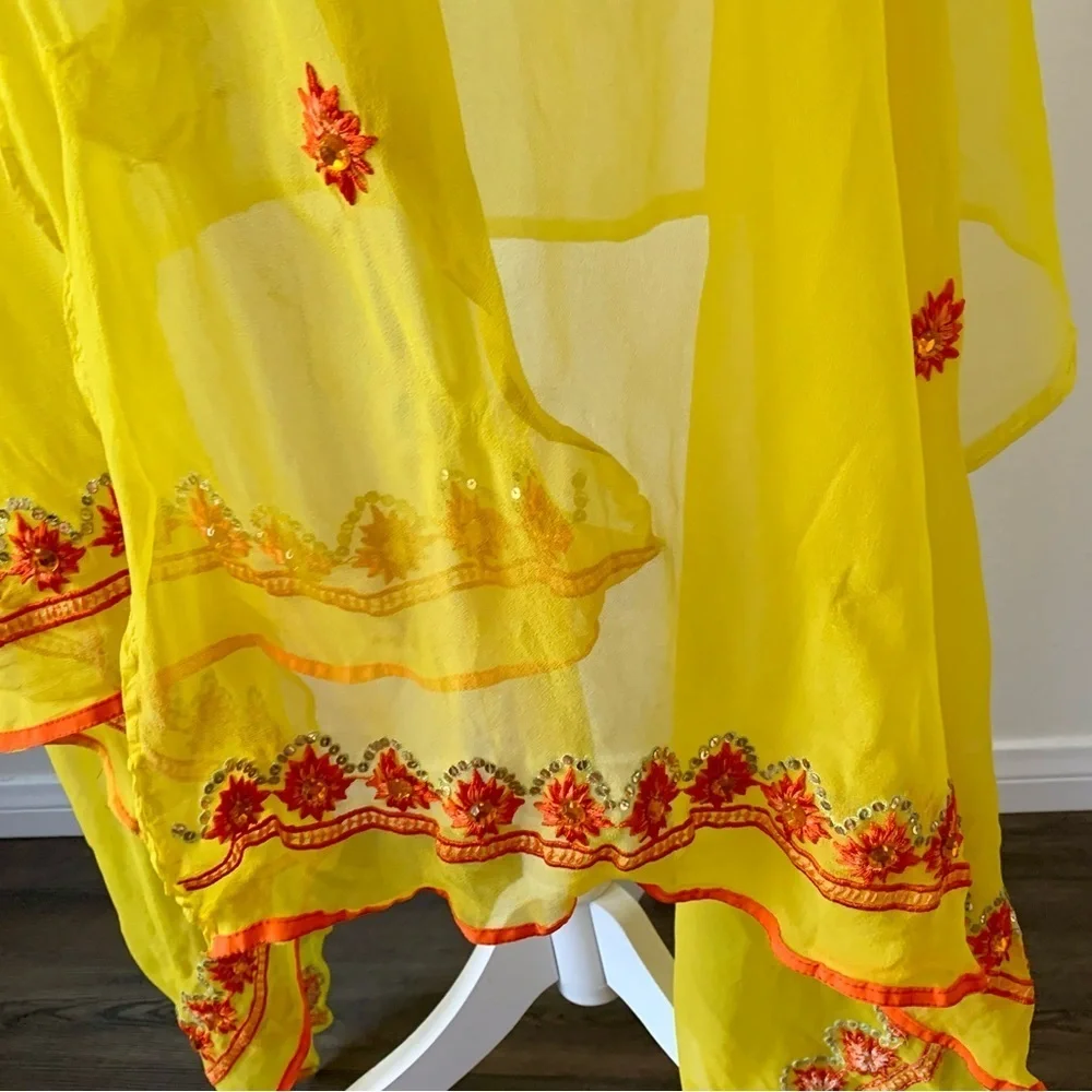 Yellow Sheer Scarf with Red Floral Accents 40/82 inches